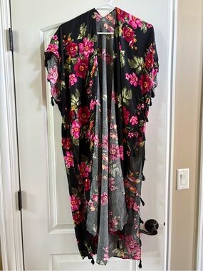 Black Floral Kimono Cover-Up with Pink & Green Blooms